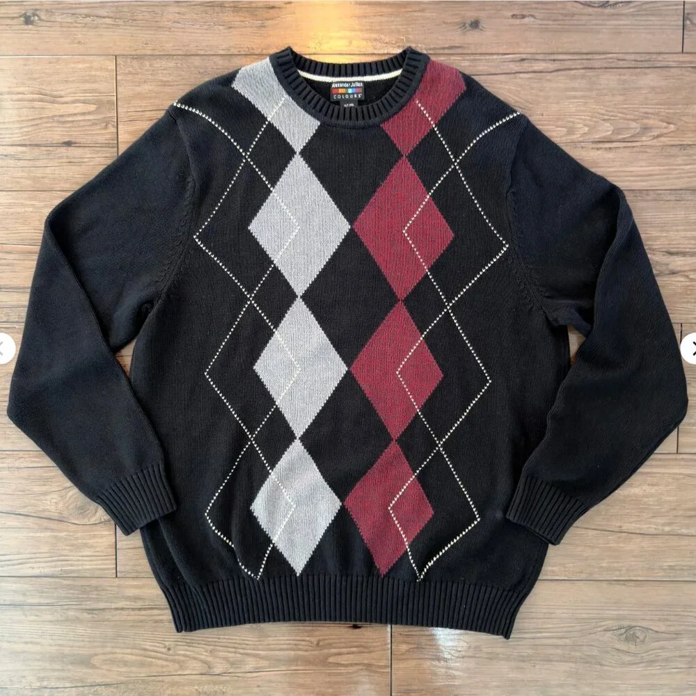 Alexander Julian Argyle Sweater Black‎ Gray Red XLT